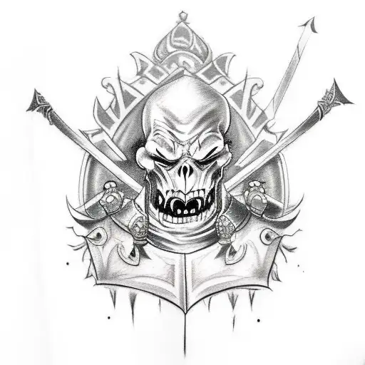 A sketch-style tattoo of Sir Daniel Fortesque from MediEvil wielding his sword and shield tattoo design idea