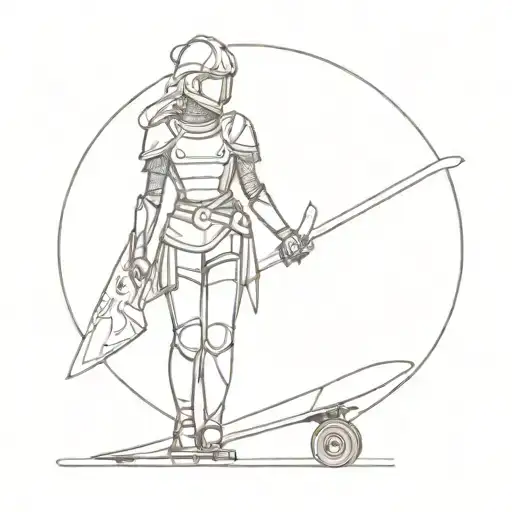 A girl knight stands with a skateboard in her hands, wearing armor tattoo design idea