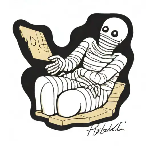 a mummy without a face sits in a square with steps leading up to it and add the inscription Gold's fake and real love hurts tattoo design idea