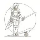 A girl knight stands with a skateboard in her hands, wearing armor tattoo design idea