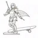 A girl knight stands with a skateboard in her hands, wearing armor tattoo design idea