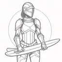A girl knight stands with a skateboard in her hands, wearing armor tattoo design idea