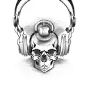 A skull with shattered headphones, representing the destruction of negative thoughts and the rebirth of music tattoo design idea
