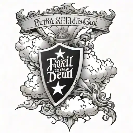 clouds with stars and words saying "put on the full armor of god and take a stand against the devil" tattoo design idea