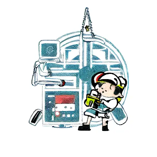 A new-school design of a maintenance worker holding a wrench surrounded by game controllers and church symbols, showcasing the client's occupation and interests tattoo design idea