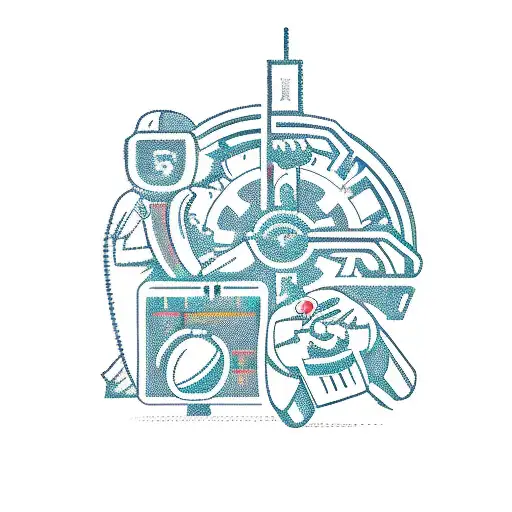 A new-school design of a maintenance worker holding a wrench surrounded by game controllers and church symbols, showcasing the client's occupation and interests tattoo design idea