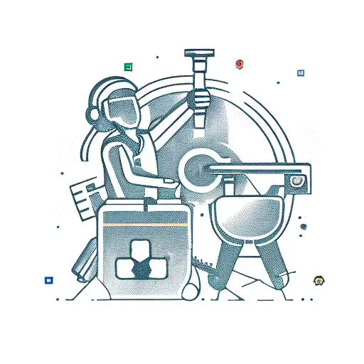 A new-school design of a maintenance worker holding a wrench surrounded by game controllers and church symbols, showcasing the client's occupation and interests tattoo design idea