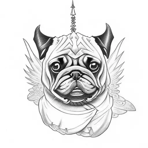 I want the tattoo to be blue with a pug dog so that it is brutal with wings and a blue dragon with red and green in the  tattoo design idea