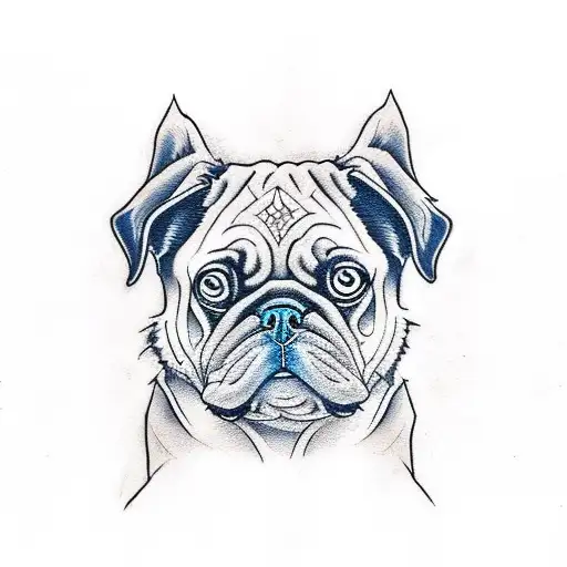 I want the tattoo to be blue with a pug dog so that it is brutal with wings and a blue dragon with red and green in the  tattoo design idea