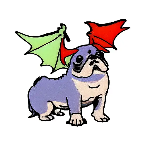 I want the tattoo to be blue with a pug dog so that it is brutal with wings and a blue dragon with red and green in the  tattoo design idea