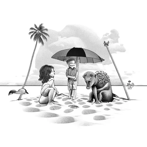 A beach scene with kids building sandcastles surrounded by animals tattoo design idea