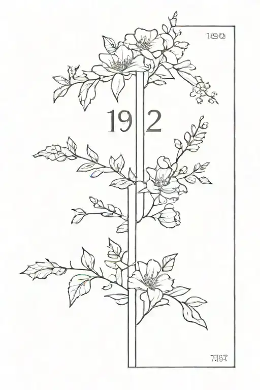 fine line spine tatto with 1975, 1976, and 2003 along the spine with flowers surrounding the numbers tattoo design idea