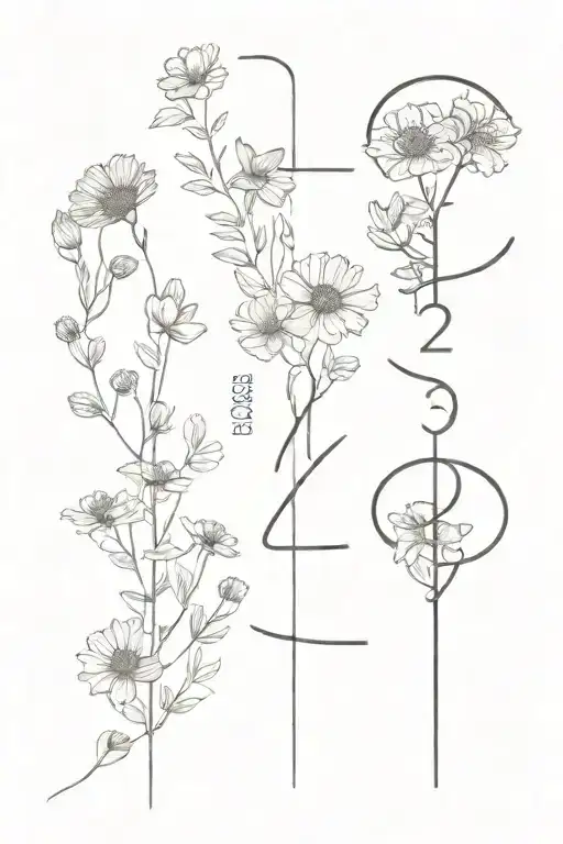 fine line spine tatto with 1975, 1976, and 2003 along the spine with flowers surrounding the numbers tattoo design idea