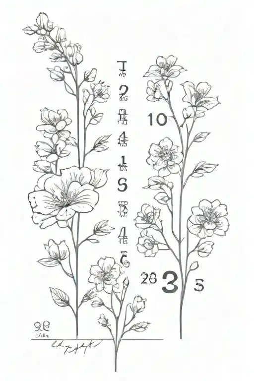 fine line spine tatto with 1975, 1976, and 2003 along the spine with flowers surrounding the numbers tattoo design idea