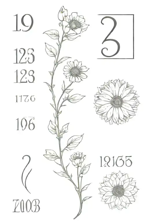 fine line spine tatto with 1975, 1976, and 2003 along the spine with flowers surrounding the numbers tattoo design idea
