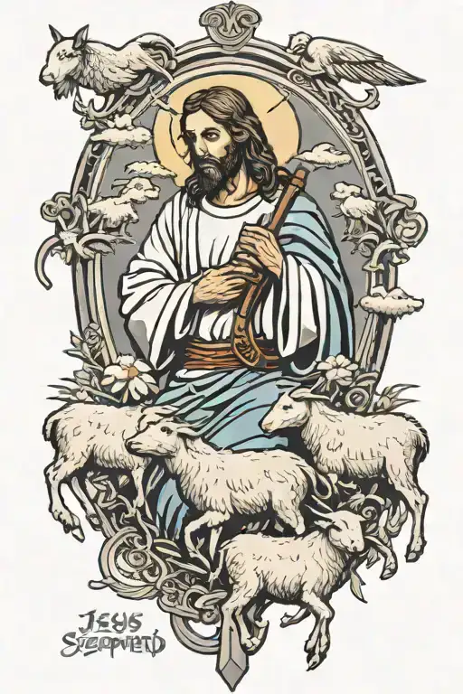 jesus shepherd looking for three lost sheep tattoo design idea