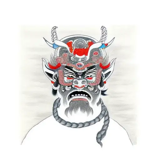The painting is said to depict a Japanese man covering half of his face with an Oni mask. Black image w tattoo design idea