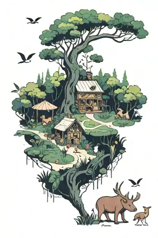 An enchanting forest path leading to a hidden oasis where a group of playful animals gather for a feast prepared by a chef tattoo design idea