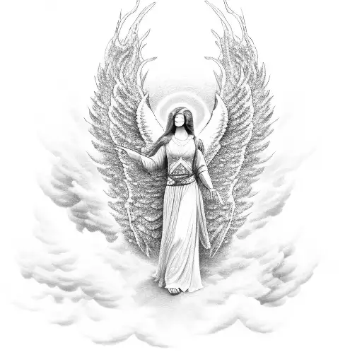 A dotwork tattoo of a guardian angel with wings made of clouds tattoo design idea