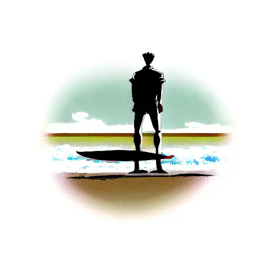 man standing on a broken surfboard tattoo design idea