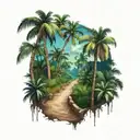 straight path entry into a rainforest with palm trees tattoo design idea