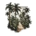 straight path entry into a rainforest with palm trees tattoo design idea