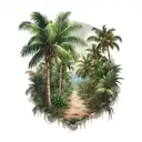 straight path entry into a rainforest with palm trees tattoo design idea