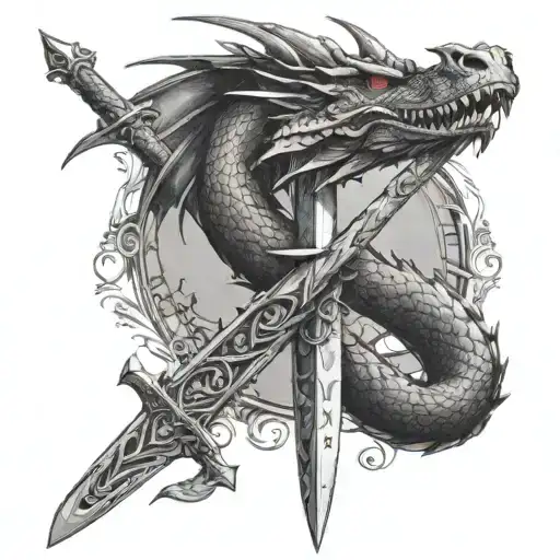 A dragon wrapped around a sword with crystal accents tattoo design idea