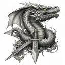 A dragon wrapped around a sword with crystal accents tattoo design idea