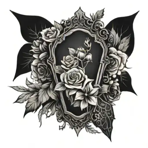 gothic floral coffin tattoo design idea