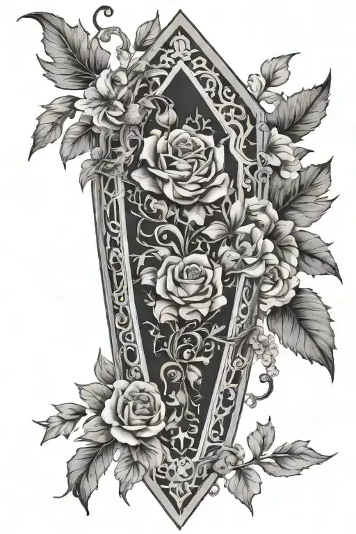 gothic floral coffin tattoo design idea