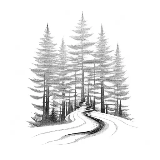 A dotwork tattoo of a winding hiking trail leading into a foggy forest tattoo design idea