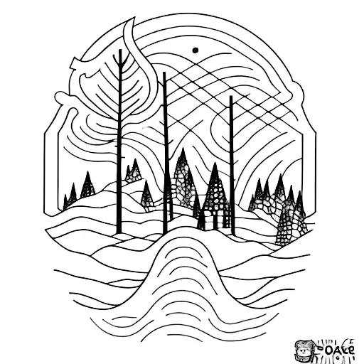 A dotwork tattoo of a winding hiking trail leading into a foggy forest tattoo design idea