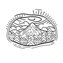 A dotwork tattoo of a winding hiking trail leading into a foggy forest tattoo design idea