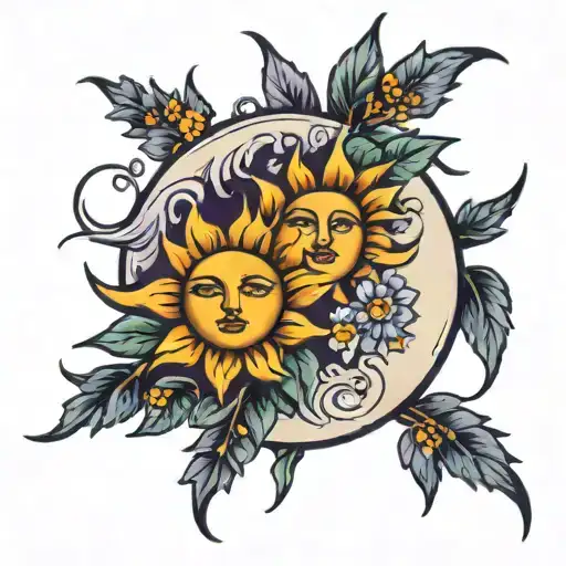 A traditional style tattoo of a sun and moon embracing with lavender flowers surrounding them tattoo design idea