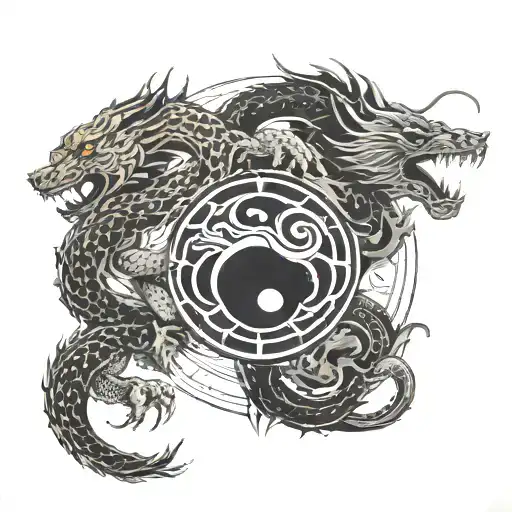 A dragon and tiger facing off on opposite sides of a yin yang symbol, with a libra scale in the background tattoo design idea