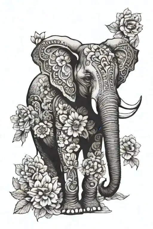 elephant with mandala and flowers tattoo design idea