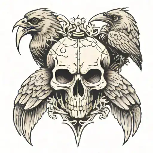 a heart with  three skeleton crow heads coming out of it tattoo design idea