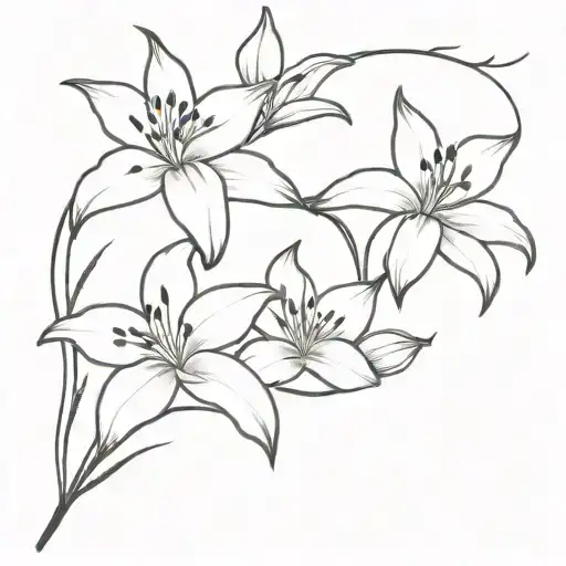 generate an image of a tatoo fine line design that is a bouqet of five flowers. the flowers should be one lily, two mari tattoo design idea