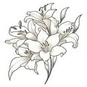 generate an image of a tatoo fine line design that is a bouqet of five flowers. the flowers should be one lily, two mari tattoo design idea