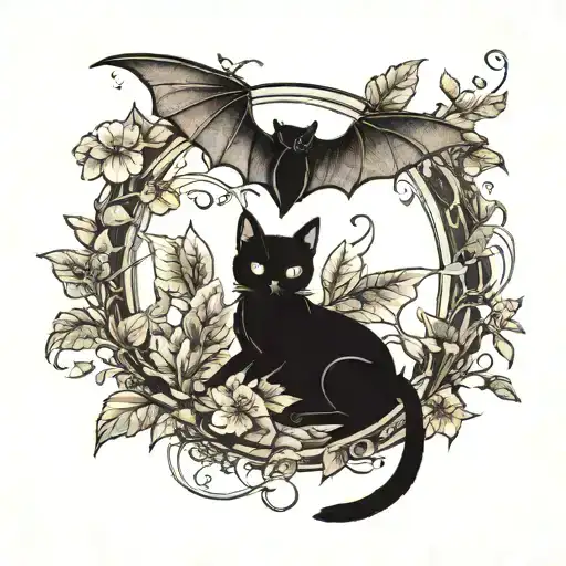 two black cats with bat wings surrounded by foliage tattoo design idea