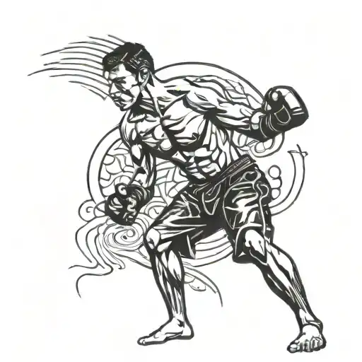 A kickboxer in action, surrounded by blackwork patterns representing strength and determination tattoo design idea