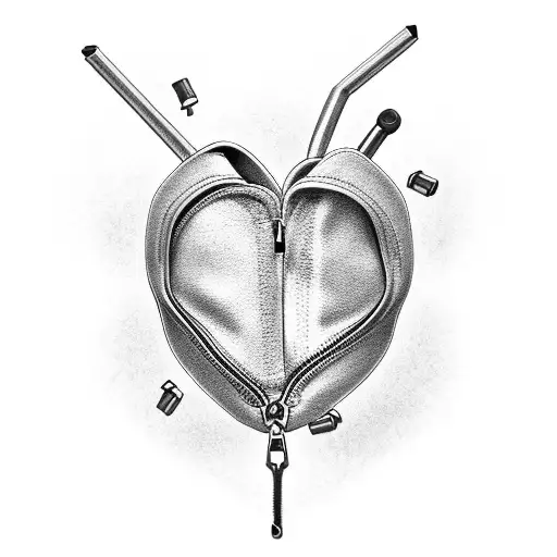 A black and grey tattoo of a zipper partially open, revealing a heart underneath tattoo design idea