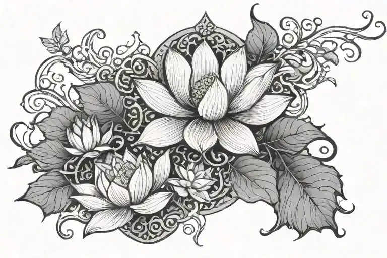 lotus and moon surrounded by vines growing tattoo design idea
