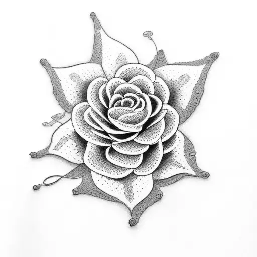 A dotwork tattoo of a crochet flower bouquet in a garden setting tattoo design idea