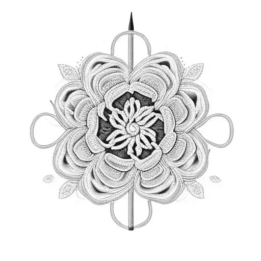 A crochet hook intertwined with blooming flowers tattoo design idea