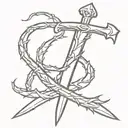 a sword pointing downward with a crown of thorns around the hilt.  tattoo design idea