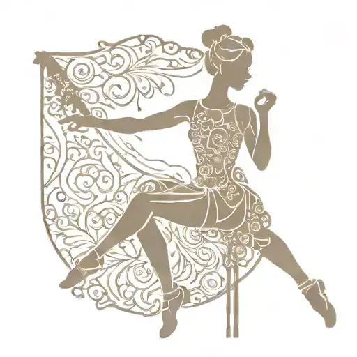 sitting ballerina silhouette stencil opening a curtain skin from the side of big portrait tattoo design idea