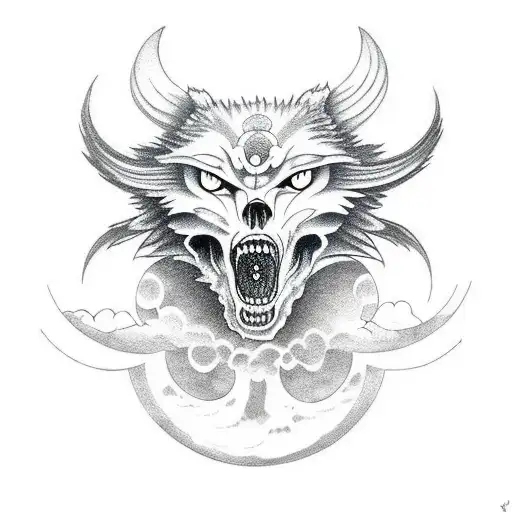 clouds, scorpio constellation, moon phases, wolf skull tattoo design idea