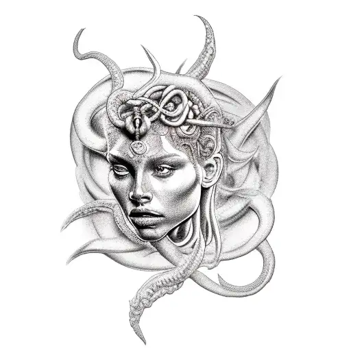 Diseño de tatuaje realista estilo griego donde aparezcan Angeles, medusa, David de Miguel angel, entre otros tattoo design idea